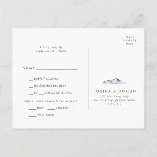 フローラシンプルマウンテンメニュー選択RSVPポストカード インビテーションポストカード (裏面)