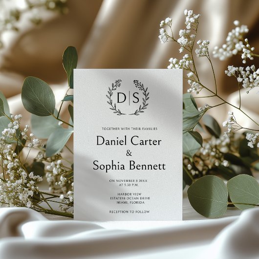 フローラシンプルモノグラムリースイニシャル結婚ズ 招待状