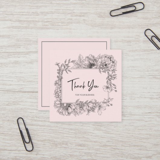 フローラシンプルラインアートグレーピンクQRCodeありがとうありがとう スクエア名刺 (正面/裏面インサイチュ)