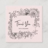 フローラシンプルラインアートグレーピンクQRCodeありがとうありがとう スクエア名刺 (正面)