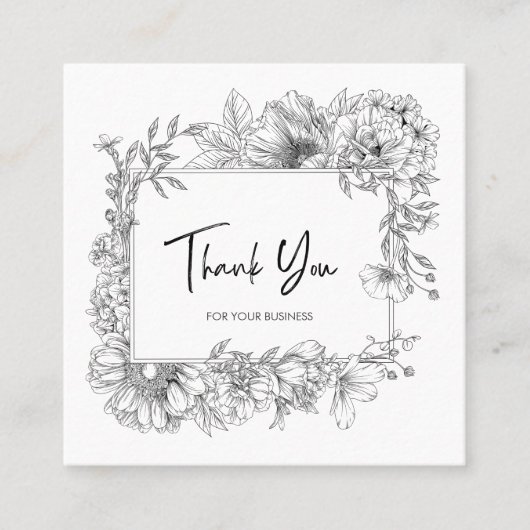 フローラシンプルラインアートグレーホワイトQRCodeありがとう スクエア名刺 (正面)