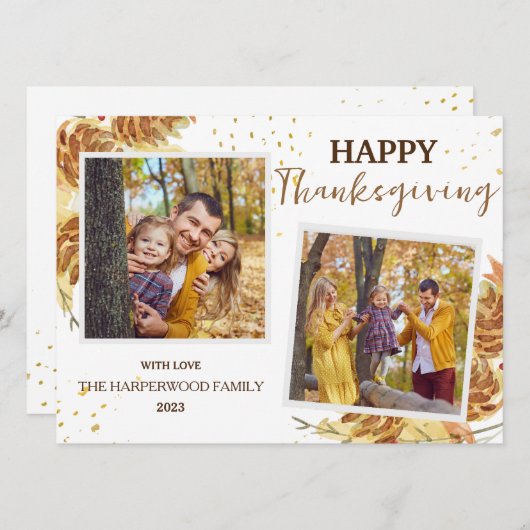フローラシンプル感謝祭モダン家族2枚の写真 シーズンカード (正面/裏面)