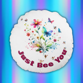 フローラシンプル水彩モノグラムビーオンホワイト ラウンドクッション