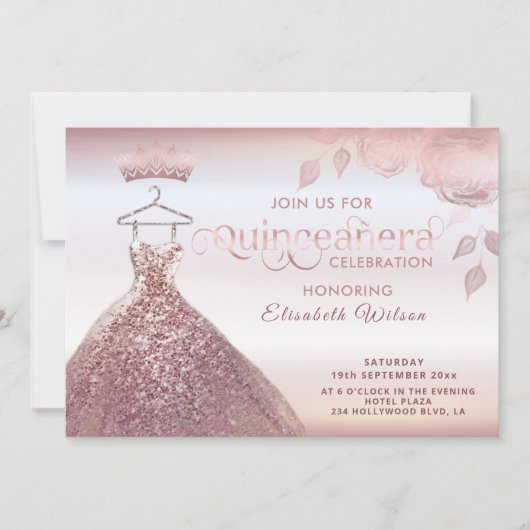フローラシークインバラ金ゴールドドレスQuinceanera Invitat 招待状 (正面)
