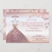 フローラシークインバラ金ゴールドドレスQuinceanera Invitat 招待状 (正面/裏面)