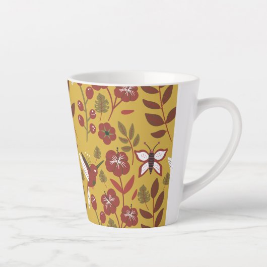 フローラシームレスなパターンの花,蝶,赤 カフェラテマグ (右)
