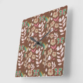 フローラシームレスなパター葉ンの花、蝶 スクエア壁時計 (傾斜)