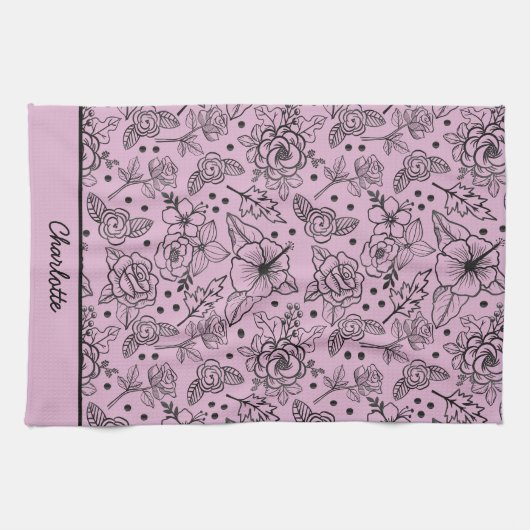 フローラシームレスパタパーソナライズされたーン紫 キッチンタオル (横)
