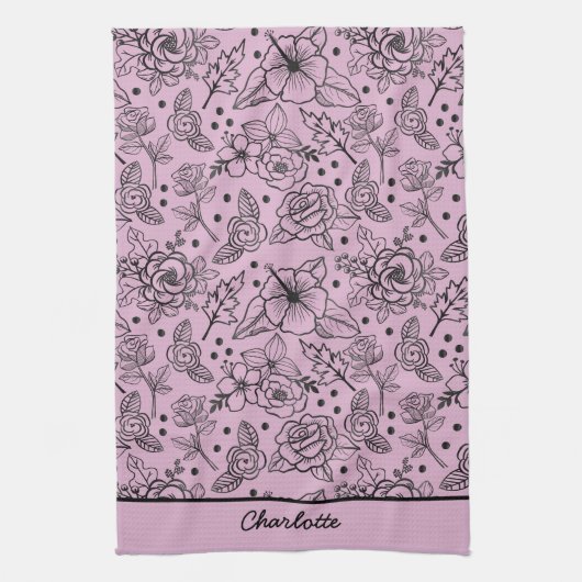 フローラシームレスパタパーソナライズされたーン紫 キッチンタオル (縦)