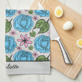 フローラシームレスパターンブルーとピンクパーソナライズされた キッチンタオル (四つ折り)