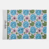 フローラシームレスパターンブルーとピンクパーソナライズされた キッチンタオル (横)