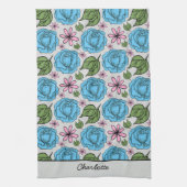 フローラシームレスパターンブルーとピンクパーソナライズされた キッチンタオル (縦)