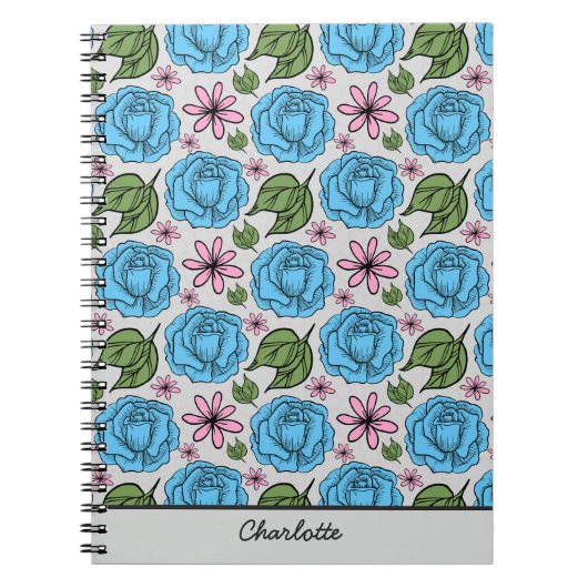 フローラシームレスパターンブルーとピンクパーソナライズされた ノートブック (正面)
