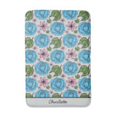 フローラシームレスパターンブルーとピンクパーソナライズされた バスマット (正面縦)