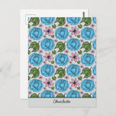 フローラシームレスパターンブルーとピンクパーソナライズされた ポストカード (正面/裏面)
