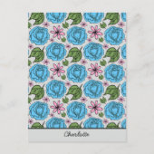 フローラシームレスパターンブルーとピンクパーソナライズされた ポストカード (正面)