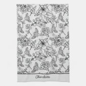 フローラシームレスパターン黒と白パーソナライズされた キッチンタオル (縦)