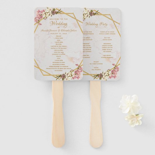 フローラジオメトリ大理石金ゴールドオーキッド結婚式 プログラム ハンドファン (正面&裏面)