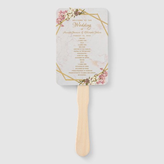 フローラジオメトリ大理石金ゴールドオーキッド結婚式 プログラム ハンドファン (正面)