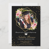 フローラジオメトリ黒と金ゴールド卒業写真 招待状 (正面)