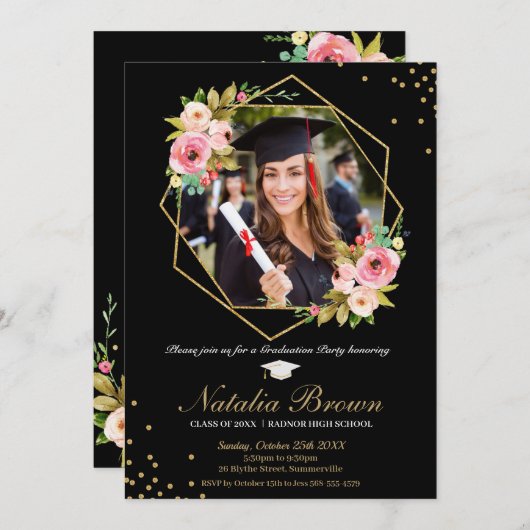 フローラジオメトリ黒と金ゴールド卒業写真 招待状 (正面/裏面)