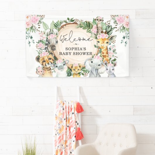 フローラジャングルサファリ動物の赤ちゃんガールウェルカム 横断幕 (インサイチュ)