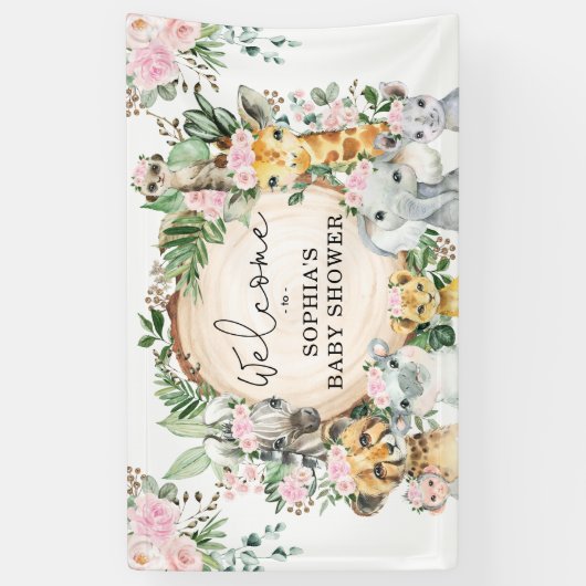 フローラジャングルサファリ動物の赤ちゃんガールウェルカム 横断幕 (縦)