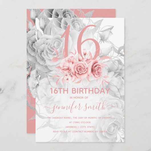 フローラスウィート16ガーリーバラ金ゴールド&シルバー 招待状 (正面/裏面)