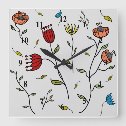 フローラスカラフルパイフラワーパターンイラストレーション スクエア壁時計 (正面)