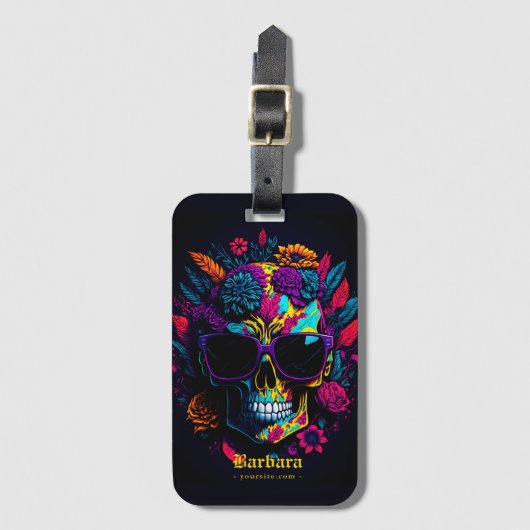 フローラスカルカラフルレトロスタイリッシュタトゥーアーティスト ラゲッジタグ (正面縦)