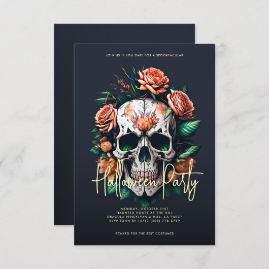 フローラスカルダークグレーハローウィンパーティ 招待状 (正面/裏面)