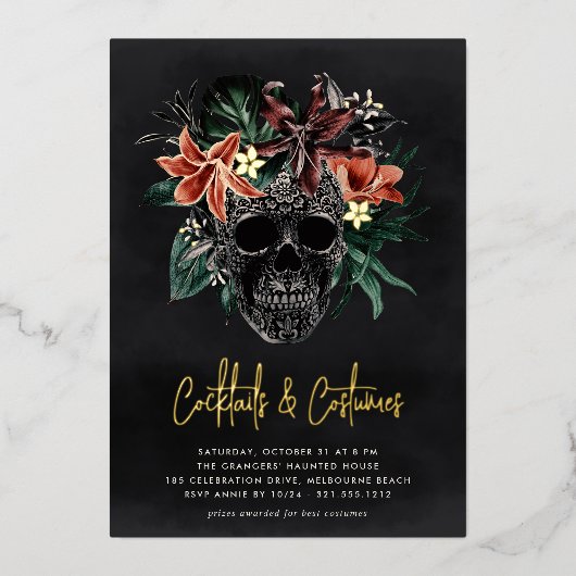 フローラスカルハロウィーンカクテル&コスチュームパーティー 箔招待状 (正面)