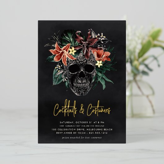 フローラスカルハロウィーンカクテル&コスチュームパーティー 箔招待状 (立ち正面)