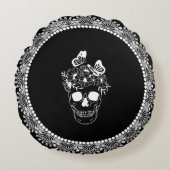 フローラスカル白黒レースハロウィーン ラウンドクッション (正面)