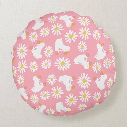 フローラスキートローラスケートで滑るパターン誕生日ピンク ラウンドクッション (裏面)