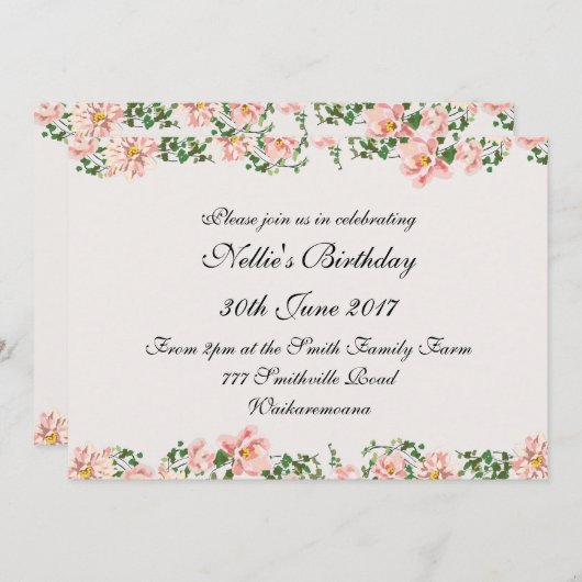 フローラスクエレガントロールと薄いピンク 招待状 (正面/裏面)