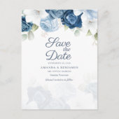 フローラスクリプトダスティブルーウェディング日付を保存 案内ポストカード (正面)