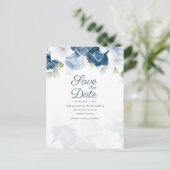 フローラスクリプトダスティブルーウェディング日付を保存 案内ポストカード (スタンド正面)