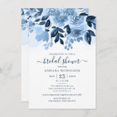 フローラスクリプトネイビーブルーウォーター色ブライダルシャワー 招待状 (正面/裏面)