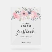 フローラスクリプトピンクの水の色結婚のゲストブック アクリルサイン (正面)