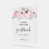 フローラスクリプトピンクの水の色結婚のゲストブック アクリルサイン (傾斜)