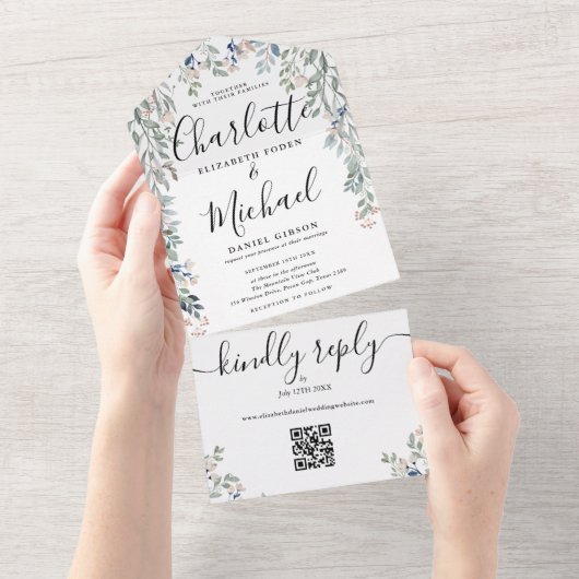 フローラスクリプトモノグラムQRコー結婚ド オールインワン招待状 (貼ってはがせる)