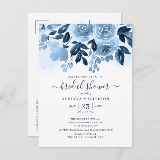 フローラスクリプト水彩植物学ブライダルシャワー インビテーションポストカード (正面/裏面)