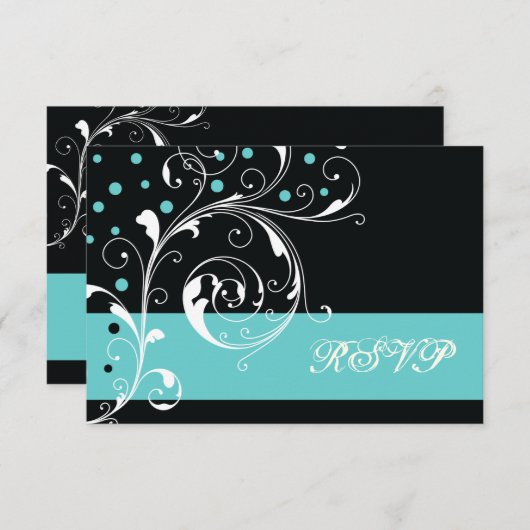 フローラスクロールリーフブラック、アクアウェディングRSVP 出欠カード (正面/裏面)