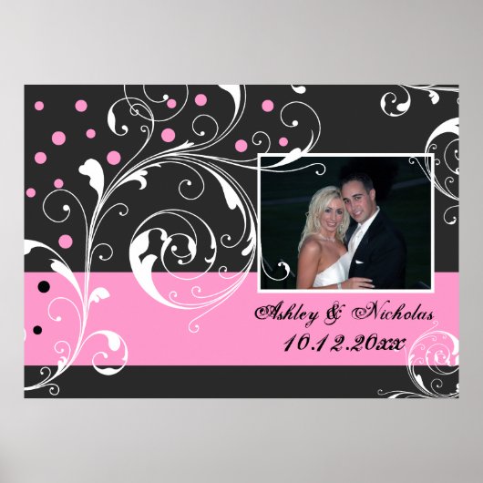 フローラスクロール葉ブラックピンク色の写真結婚を撮影したもの ポスター (正面)