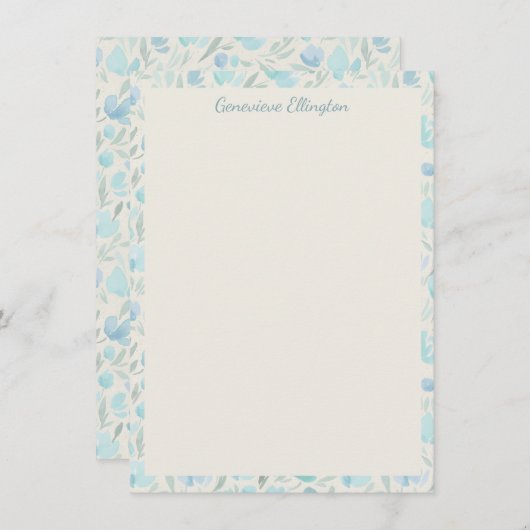 フローラスタイリッシュウォーターカラーパステルブルーパーソナライズされた ノートカード (正面/裏面)