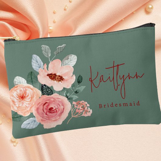 フローラスタイリッシュセージ緑&オレンジピーチスクリプト アクセサリーポーチ