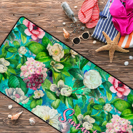 フローラスタイリッシュピンク花ブルーモノグラム デスクマット