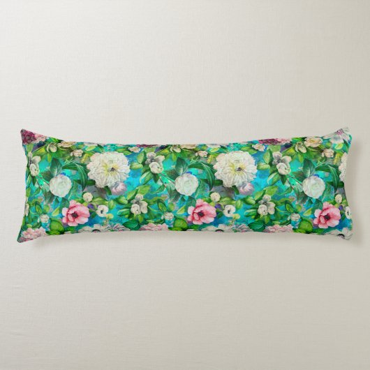 フローラスタイリッシュピンク花ブルーモノグラム ボディピロー (正面)