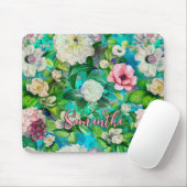 フローラスタイリッシュピンク花ブルーモノグラム マウスパッド (マウス)